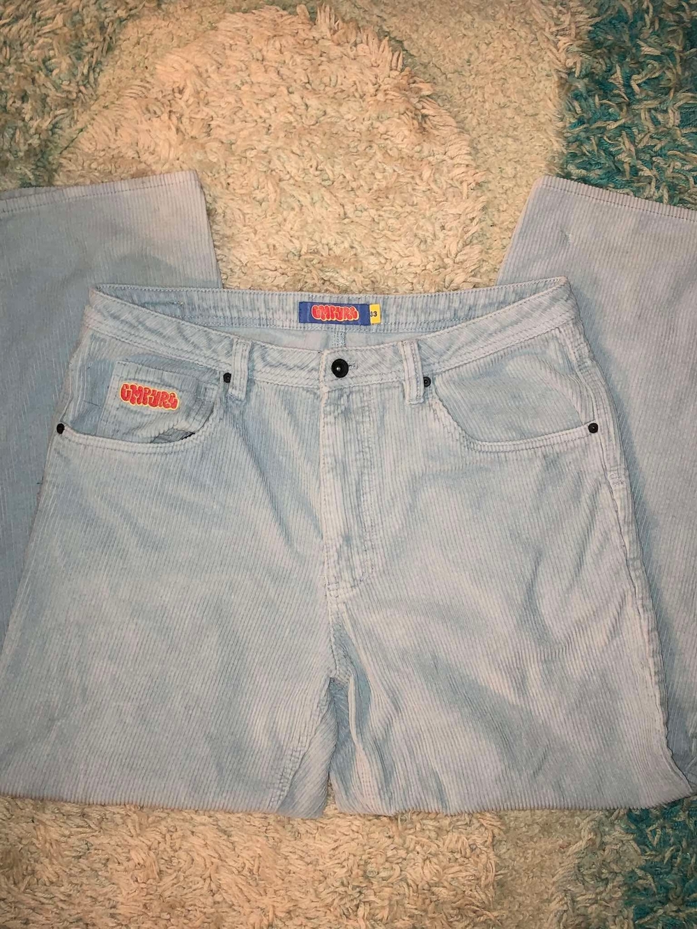 Empyre Light Blue Corduroy Pants with Red & Yellow Logo Trim